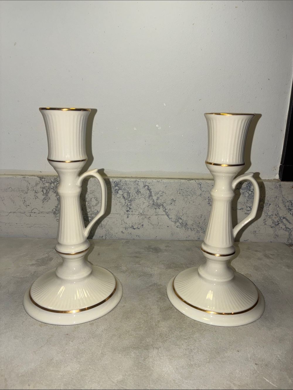 Lenox Candlesticks Chambersticks Matching Pair of 2 Real 14 Karat Gold Trim 8”H